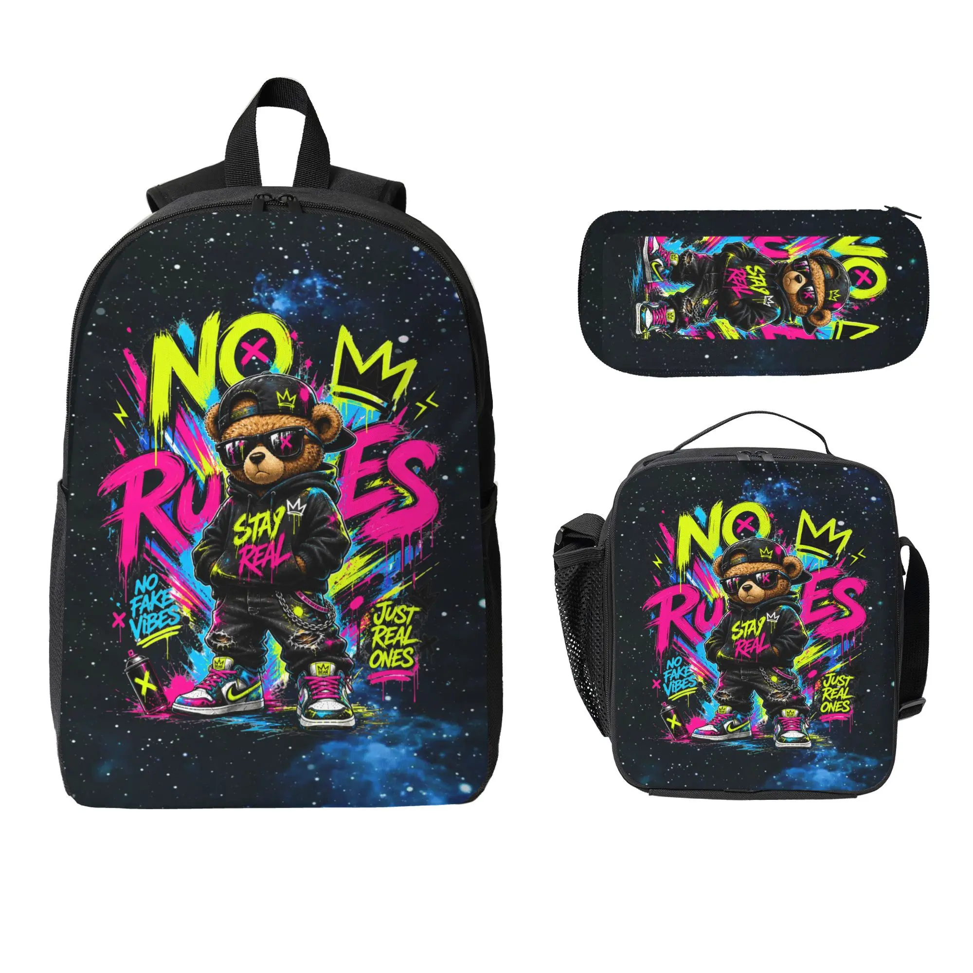 3PCS treetwear Bear Graffiti Teddy Design  Urban Neon Bear Graphic Hype Street Art Backpack, lunch bag, pencil case- Ideal for School Travel & Outdoor Activities