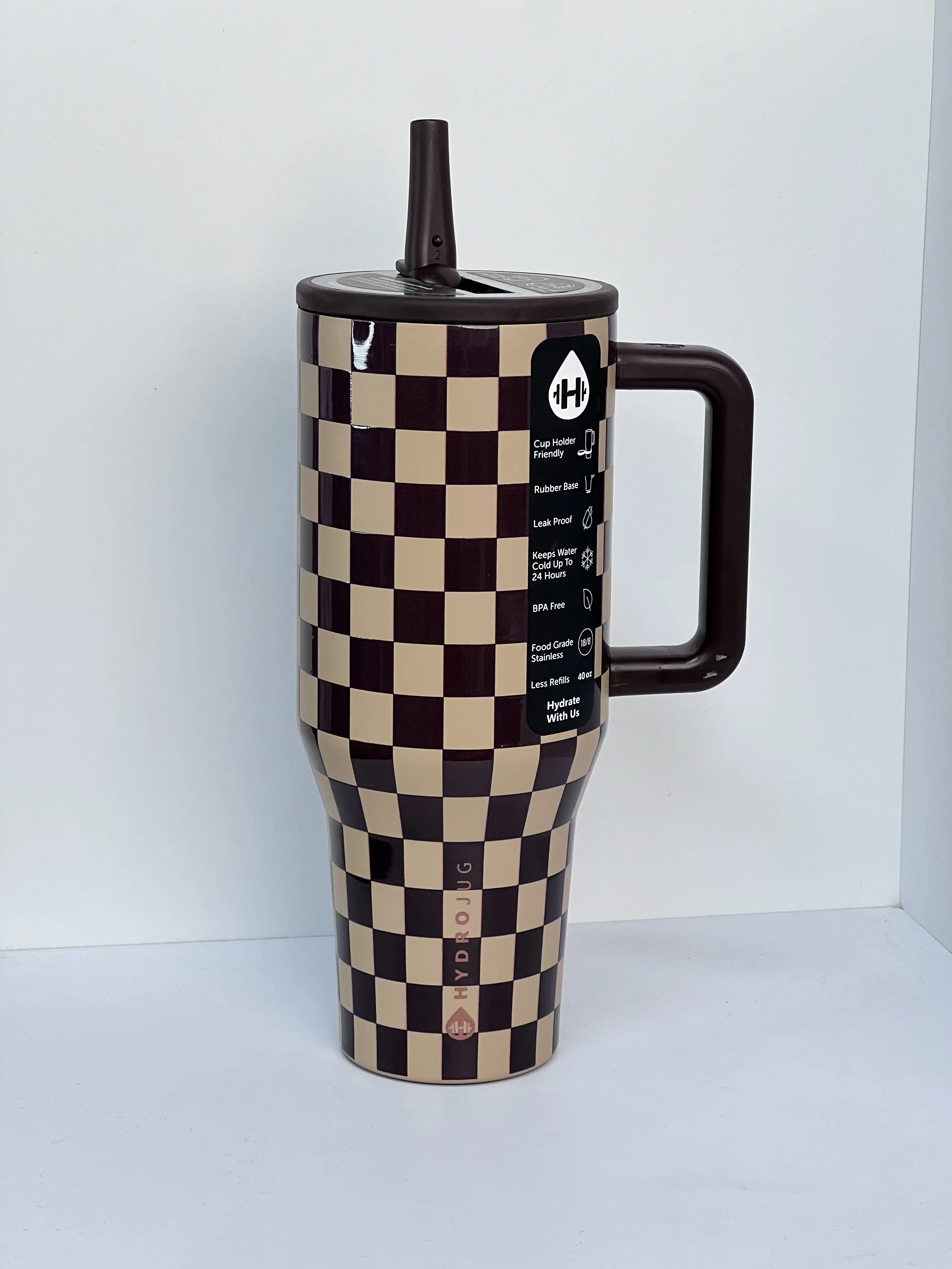 HydroJug 40oz Traveler Stainless Steel Sports Water Bottle - Mocha Checkerboard Print, Ergonomic Handle, BPA-Free, 1,000-2,000 ml Capacity, 7-12 Hours Insulation, Ideal for Adults to Stay Hydrated During Sports, Outdoor Activities