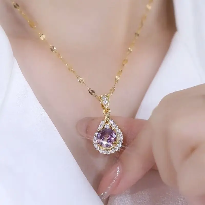 Hot-Selling Purple Water Drop Necklace, Chic Minimalist Pendant Jewelry, Elegant Everyday Collarbone Chain Fashion Accessory for Women