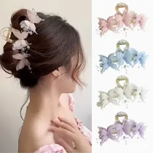 4Pcs Butterfly Hair Claw Clips, Cute Hair Clips with Pearl Rhinestone Design, Large Sweet Claw Clip Fashion Elegant Hair Clip for Thick or Thin Hair ﻿
