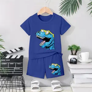 Boys' Fashionable Dinosaur Cartoon Print Short-Sleeved T-Shirt And Shorts Set, Casual Children's Summer Clothing, Comfortable Round-Neck Outfit, Suitable For Everyday Wear And Outdoor Activities.