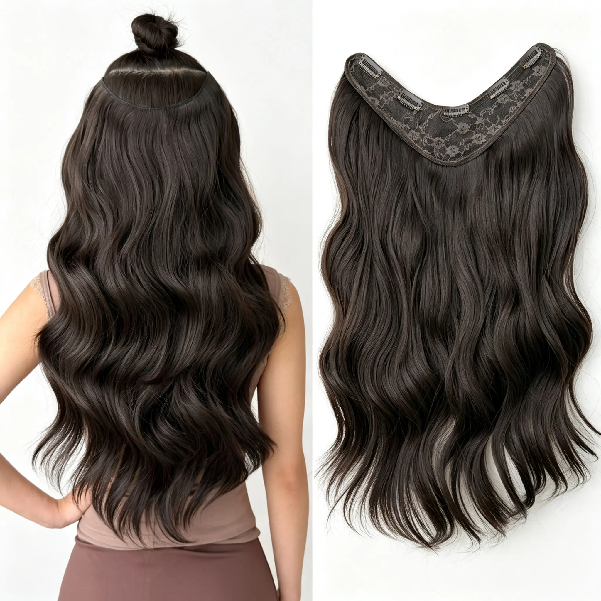 HEYPINK Clipped-In Hair Extensions - V-Shaped Brown 22-In Body Waves, Heat-Resistant Synthetic Fiber Hairpiece for Women with Hair Transition, Daily & Party Use