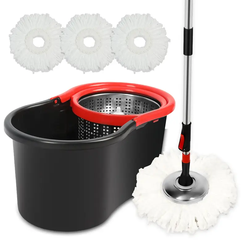 Durable Rotating Mop Bucket System, Long Handle Mops with 61" Adjustable Stainless Steel Telescopic Handle, 3 Microfiber Heads, Clean Floors Solution for Home Floor Cleaning