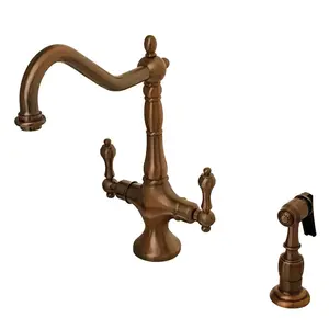 Kingston Brass  Heritage 2-Handle Kitchen Faucet with Brass Sprayer, Antique Copper