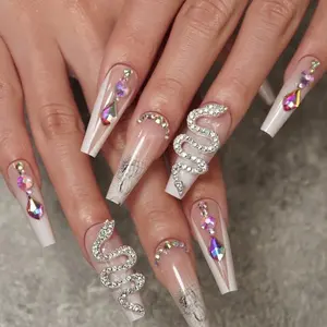 Medium Length Coffin Press On Nails with Snake Rhinestones - Set of 24 - Nail Art, Nail Care 3d charms