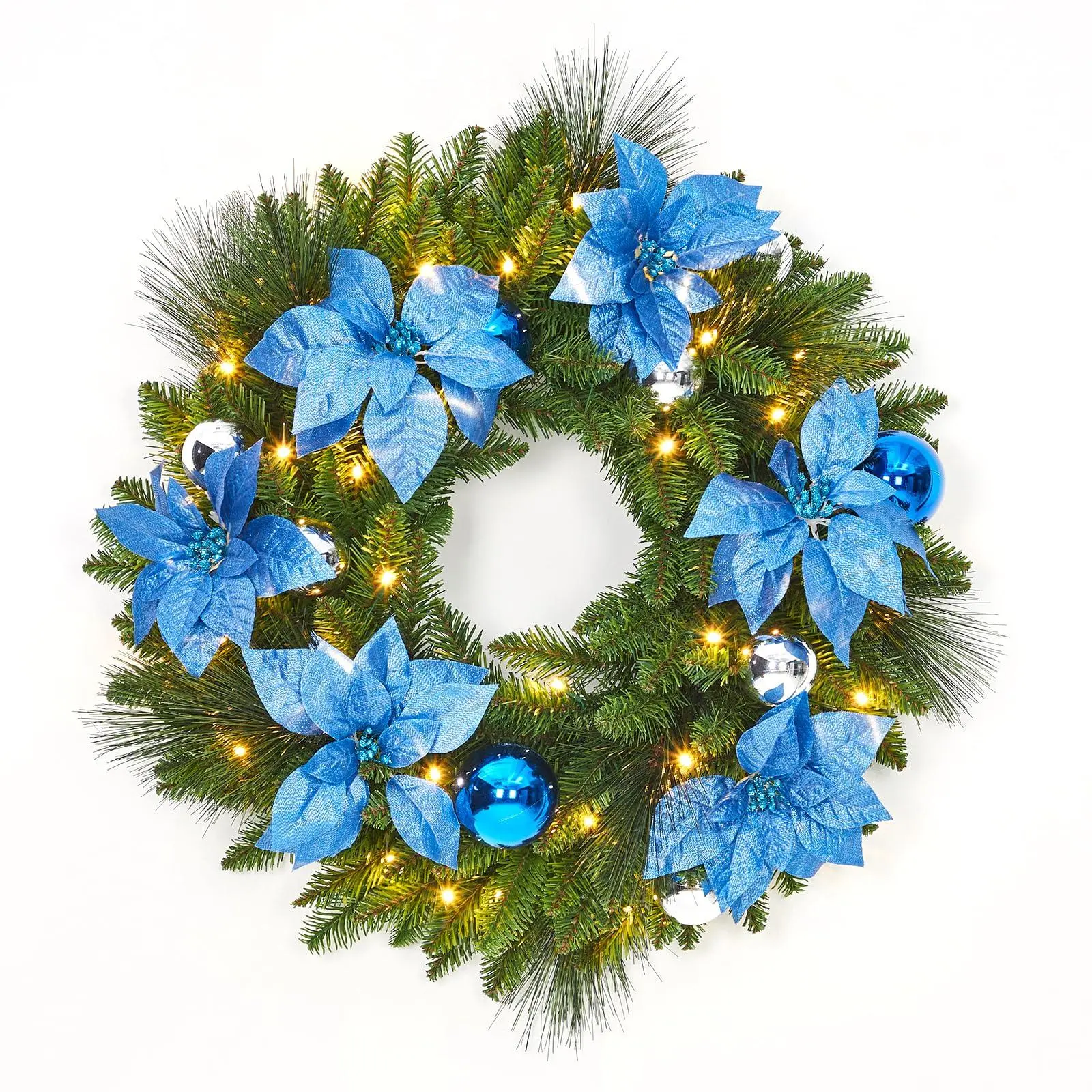 GARVEE 24" Pre-Lit Christmas Wreath with Flower Cypress Leaves & Balls - Front Door Decor for Indoor/Outdoor Winter Christmas Decorations