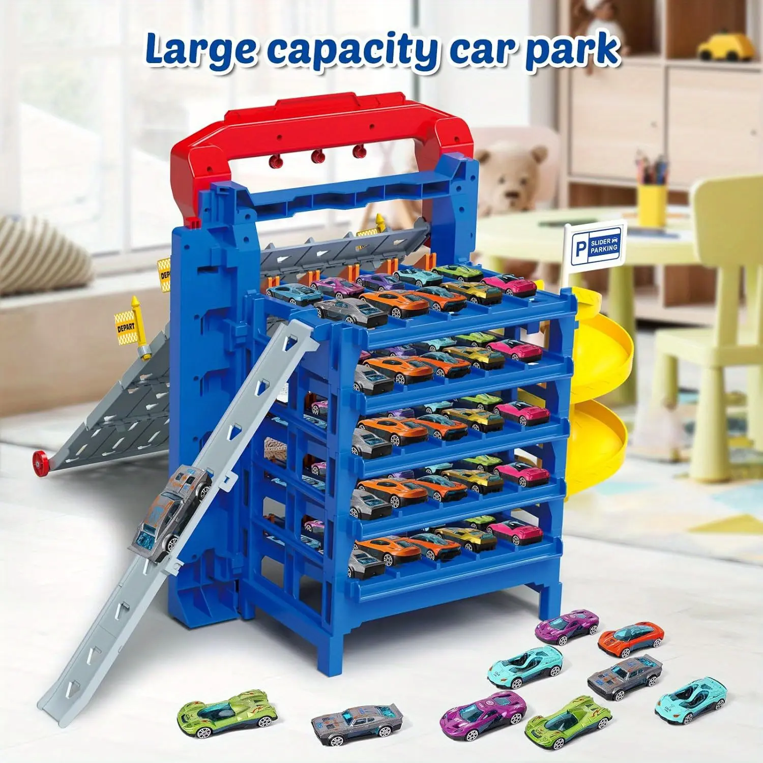 [10 Cars, Sliding Track Truck]  10 Cars Sliding Track Truck Car Toy | Parking Toy Storage Track Car Toy for Boys Ages 3 4 5 6 7 8, Birthday School Year Gift Car Set for Boys Girls Toddlers 3-5