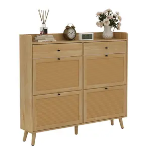 Rattan Shoe Storage Cabinet, Narrow Shoe Organizer with 4 Flip Drawers, 2 Drawers, Farmhouse Entryway Table Shoe Cabinet, Wooden Skinny Shoe Storage for Entrance, Hallway, Natural