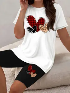0412Gwen, 1 Casual Women'S Suit, Heart Print, Short-Sleeved Two-Piece Suit, Round Neck Short-Sleeved T-Shirt Top, Printed Tight Shorts, Women'S Clothing