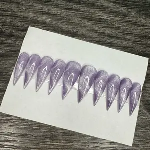 Lavender Aura Cat Eye Hard Gel Press On Nails - Purple Glitter Design for Stylish Nail Art
