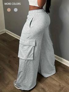 women's plain flap pocket cargo pants, casual streetwear wide leg trousers for spring & fall, women's bottoms for daily wear, womenswear, loose casual fashion wideleg pants