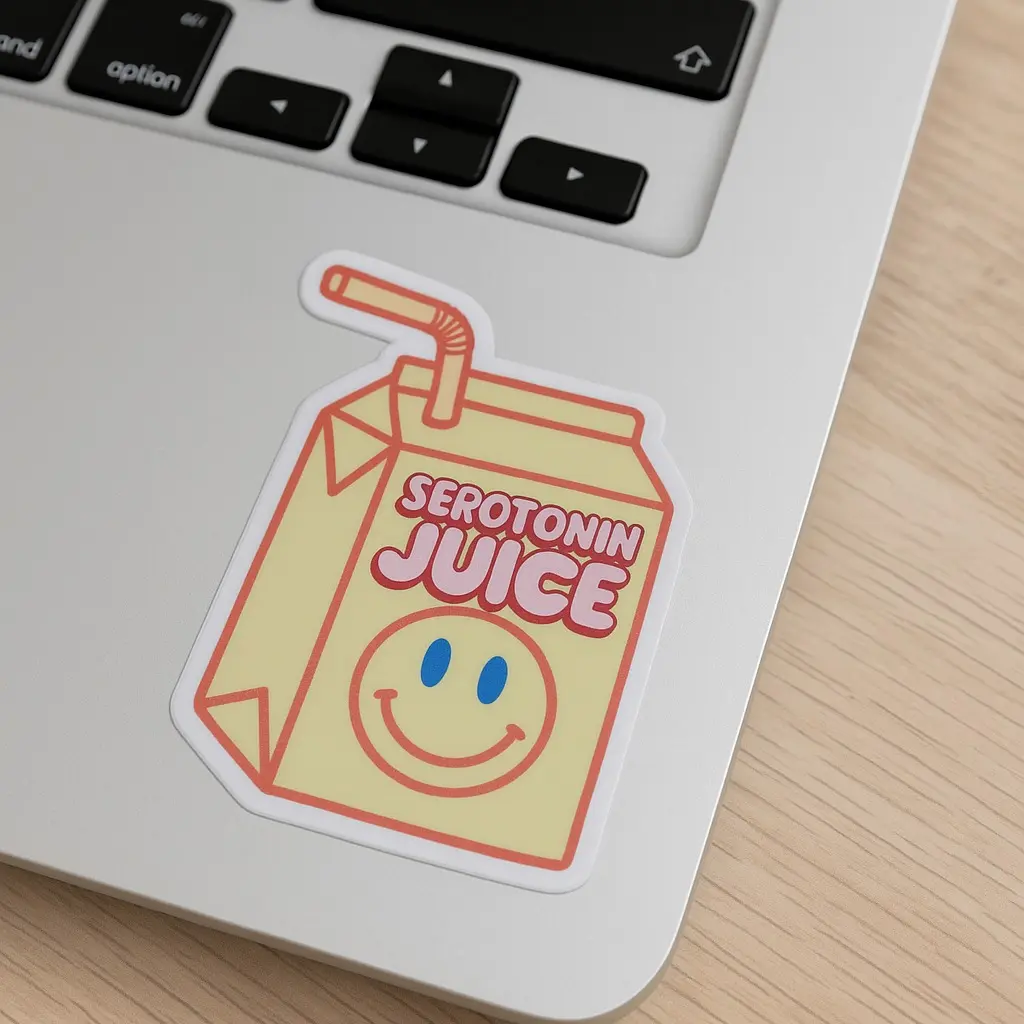 Serotonin Juice Sticker - Cute Mental Health Sticker Decal for Laptops Journals Water Bottles & More Fun Design with Smiley Face