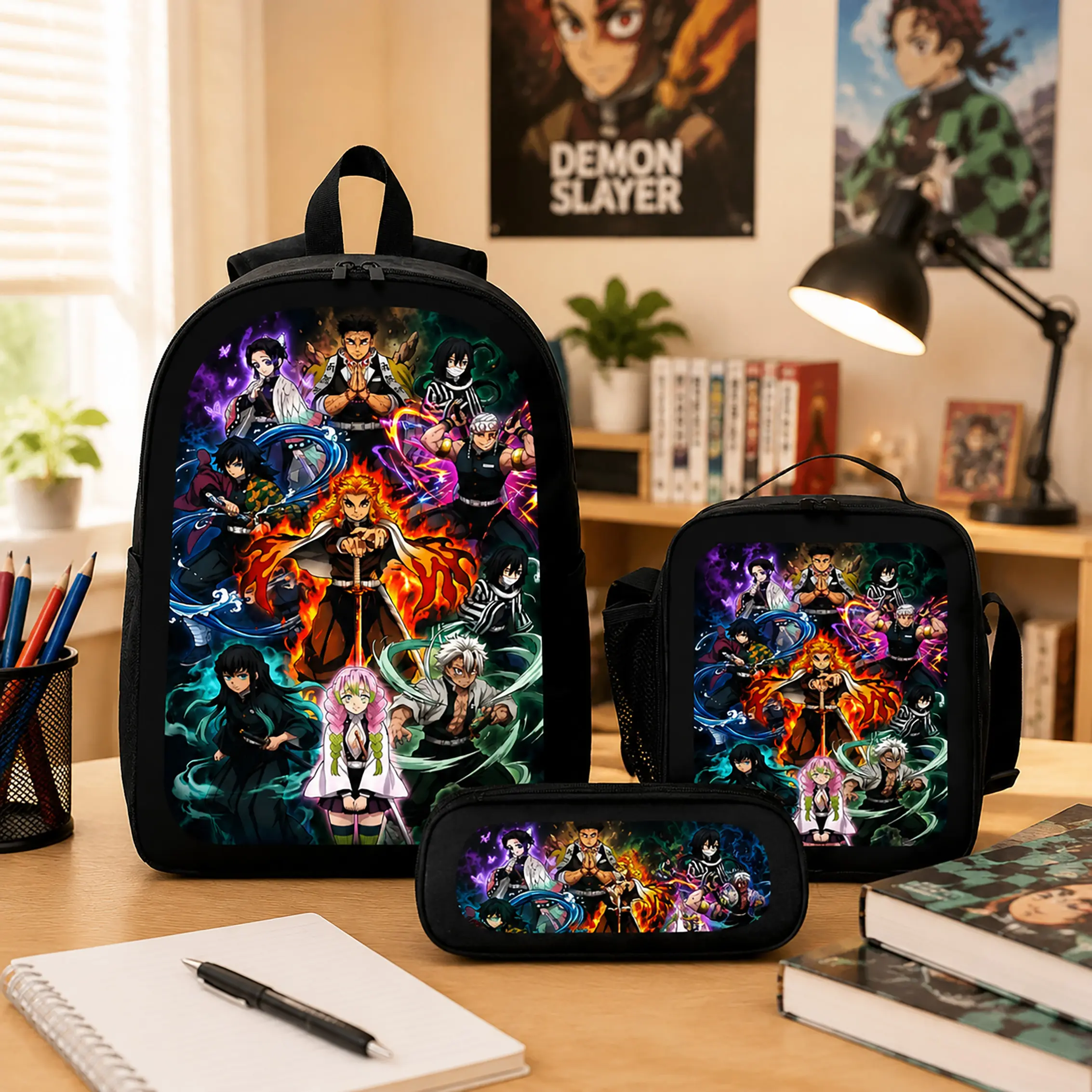Demon Slayer Backpack Set Durable Polyester 3 Piece School Bag Lunch Bag Pencil Case Large Capacity Lightweight Bookbag For Back To School Elementary Classroom Travel Boys Girls Kids Teens Students Anime Fans Birthday Gift