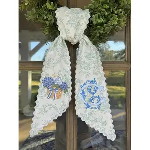 Monogrammed Blue Striped Hydrangea Wreath Sash, Coastal Decor