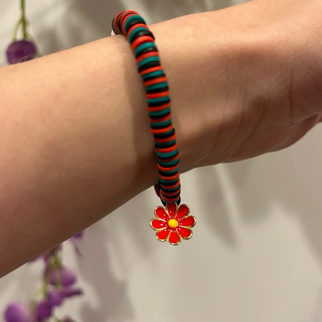 Red Poppy Flower Clay Polymer Bead Bracelet