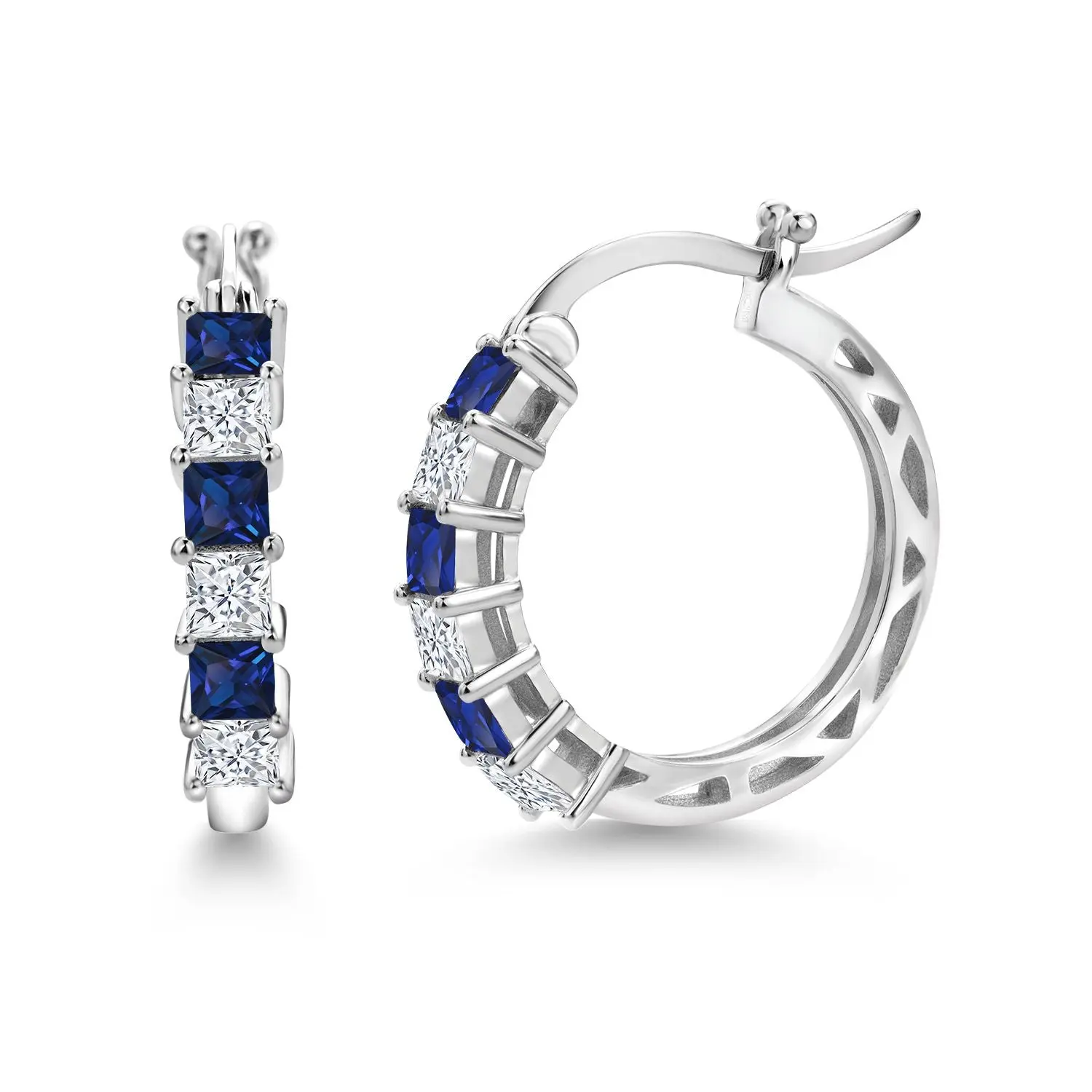 1.56 Cttw Blue Created Sapphire and White Moissanite Hoop Earrings for Women | 925 Sterling Silver | 3MM Princess Cut | 20MM | Jewelry Gifts for Mom Wife Her