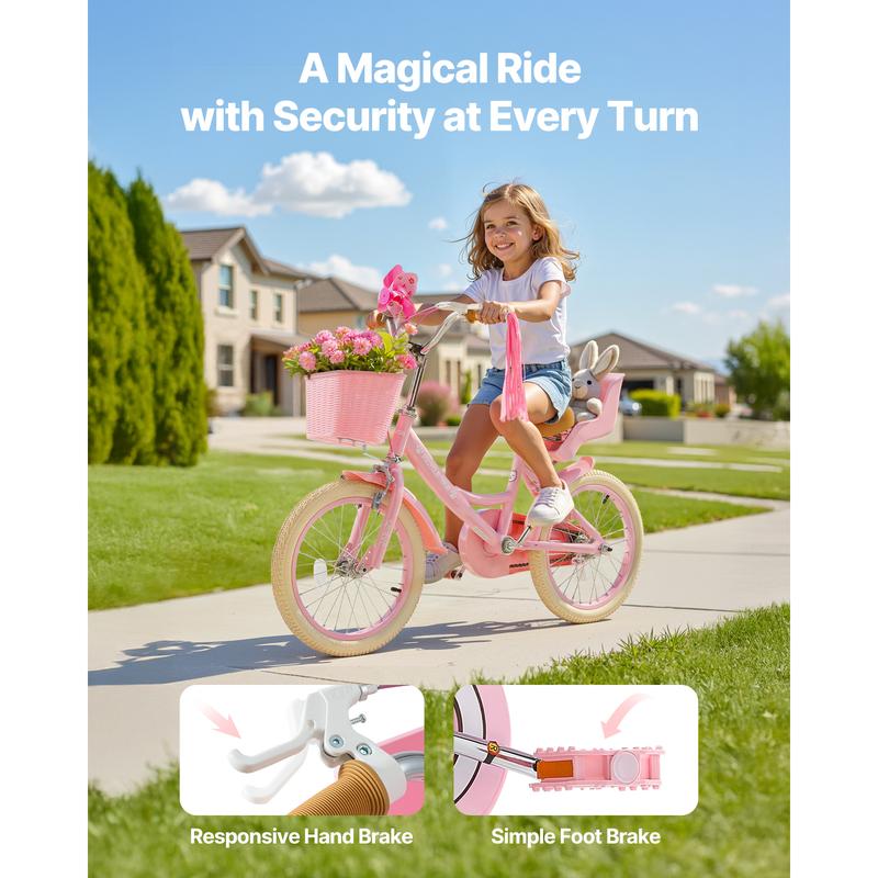 VEVOR Kids Bike,  16 Inches Princess Style Children Bicycle with Streamers & Basket, Rider Height 3.28 ft - 4.27 ft, Doll Seat & Training Wheels Included, Toddler Bike for Girls Learning to Ride, Pink