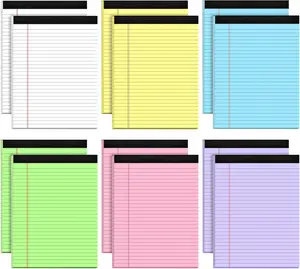Legal Pads 8.5 x 11 Wide Ruled - Note Pads 30 Sheets/Pad - 20lb Colored Notepad Paper - Perforated Notepad with Sturdy  - , Purple, Yellow, Green, Blue, White