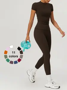 Women's Two-piece Round Neck Tee & High Waist Leggings Set, Sportswear Set, Fitness Outfits, Sporty Breathable Quick-Drying Outfits for Yoga Gym Workout Running Cycling Wear, Workout Running Clothes, Workout Sets