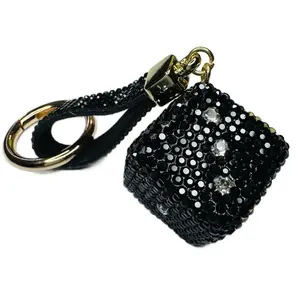 Black Dice Metal Bling Bag Charm Keyring with Sparkling Sequins and Gold Hardware for Stylish Accessories