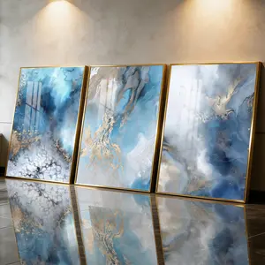 3 Count Aluminum Alloy Frame Canvas， Fashion Poster Blue Gold Abstract Art， Modern Living Room Decoration， Light Luxury Family Art， Suitable For Bedroom， Corridor And Office Wall Decor， Gift