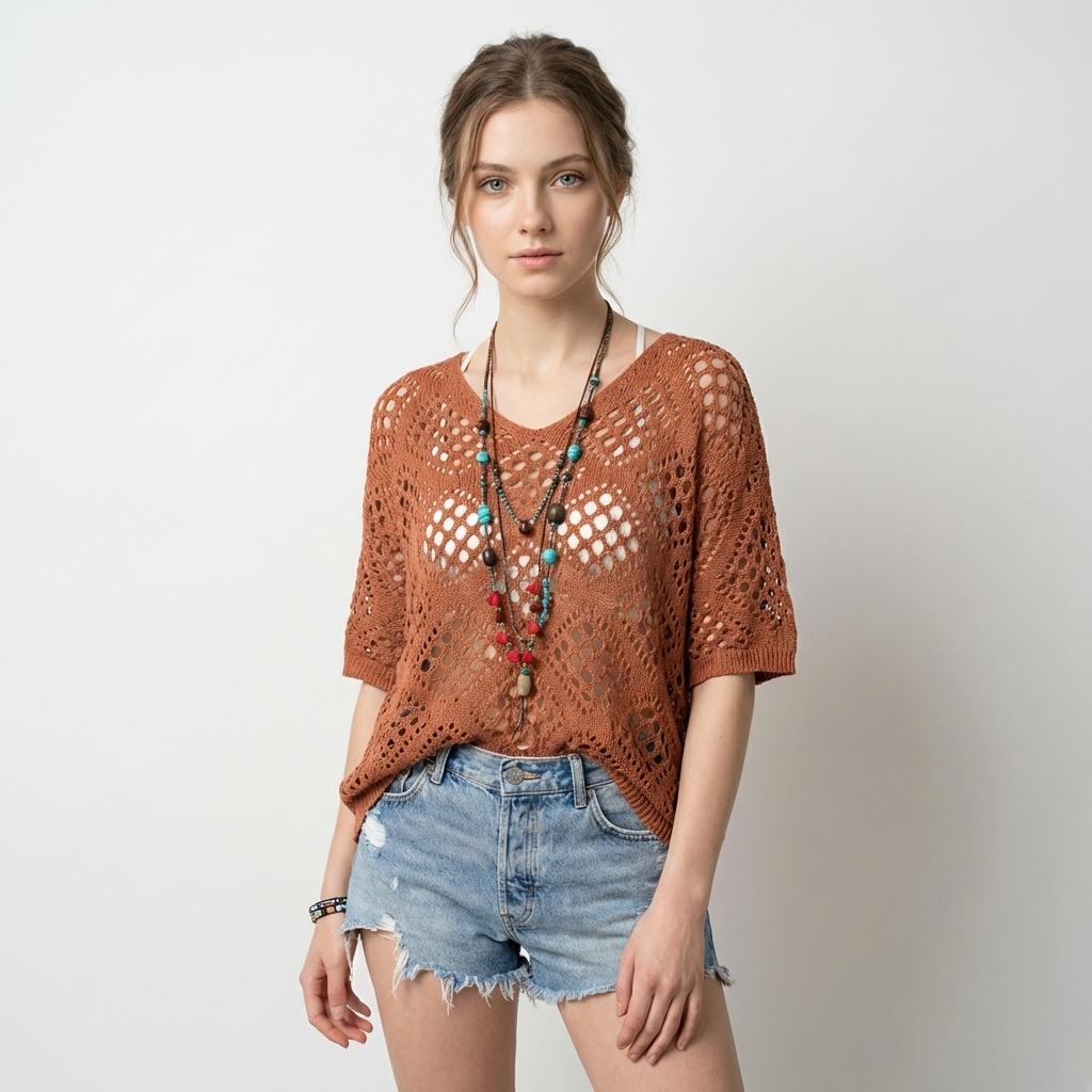 Women's Crochet V-Neck Hooded Sweater - Lightweight Hollow Out Mesh Knit Top Batwing Half Sleeve Slouchy Pullover - Y2K Boho Chic Summer Beach Cover Up Festival Outfit See-Through Knitwear - Plus Size Options