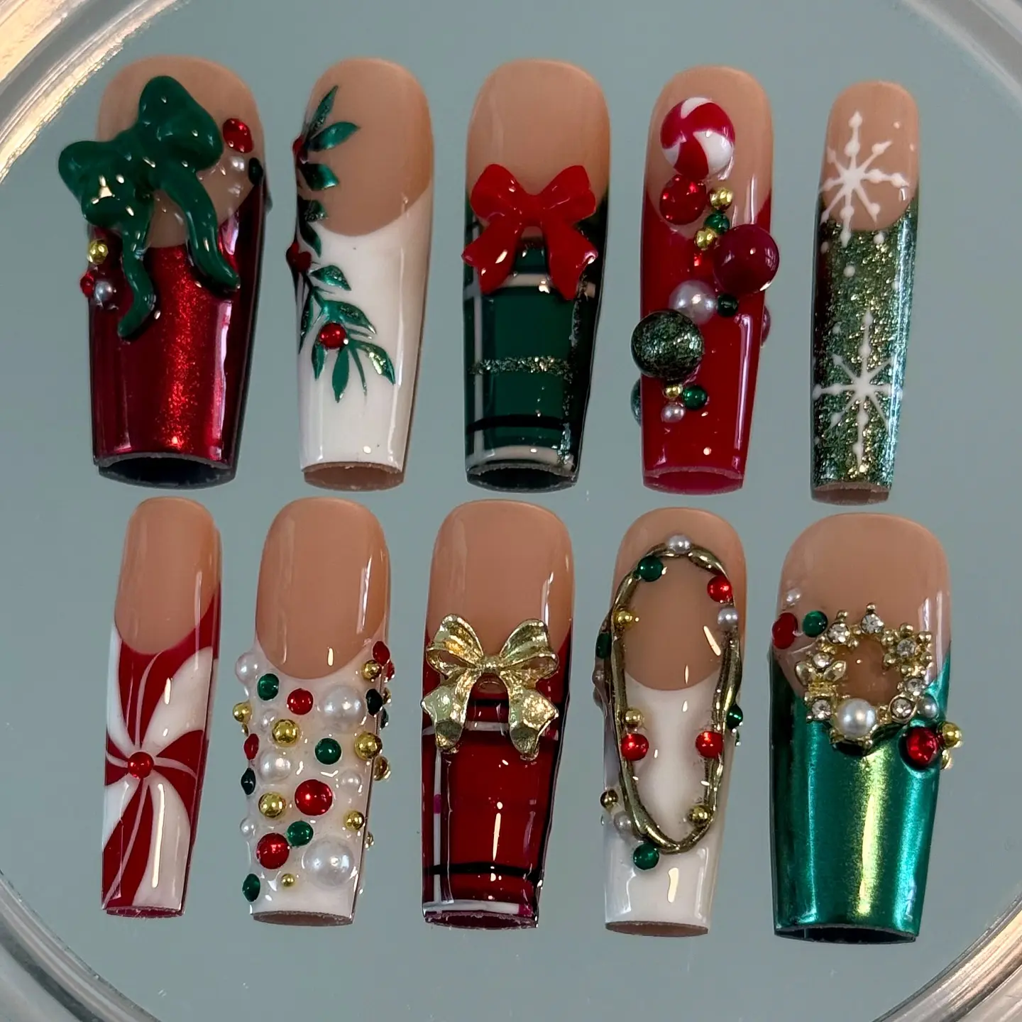 Christmas 3D Press On Nails, Red Green Plaid Snowflake Candy Cane Bow Rhinestone Fake Nails, Handmade Long Coffin Square Nail Art | FREE Adhesive Tabs FREE Nail File FREE Cuticle Stick