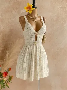 Women's Vacation Casual Starfish Decor Knit Dress, Summer Fashion, Solid Color Party Dress, Beach Dress, Elegant Lady Women's Dress, Womenswear