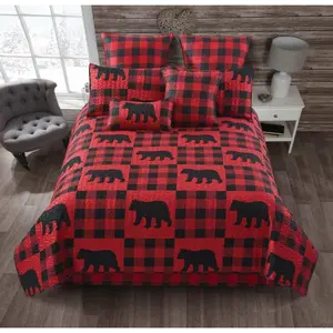 3 Piece Queen Lodge Quilt Bedding Set - Buffalo Bear Plaid Red - Rustic Cabin Country Reversible Camping Comforter Set with Decorative Pillow Shams, Red/Black