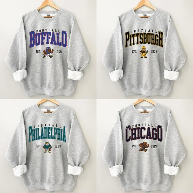 All Team Football Sport Grey Sweatshirt, 90S Sport Graphic Crewneck, Vintage Game Day Pullover, Unisex Fall Outfit For Men Women, Choose Your Favorite City  ( Other Color, Note )