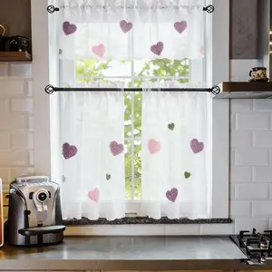 2pcs/3pcs heart-shaped kitchen curtain set with valance and layered curtains, semi-transparent rod pocket style