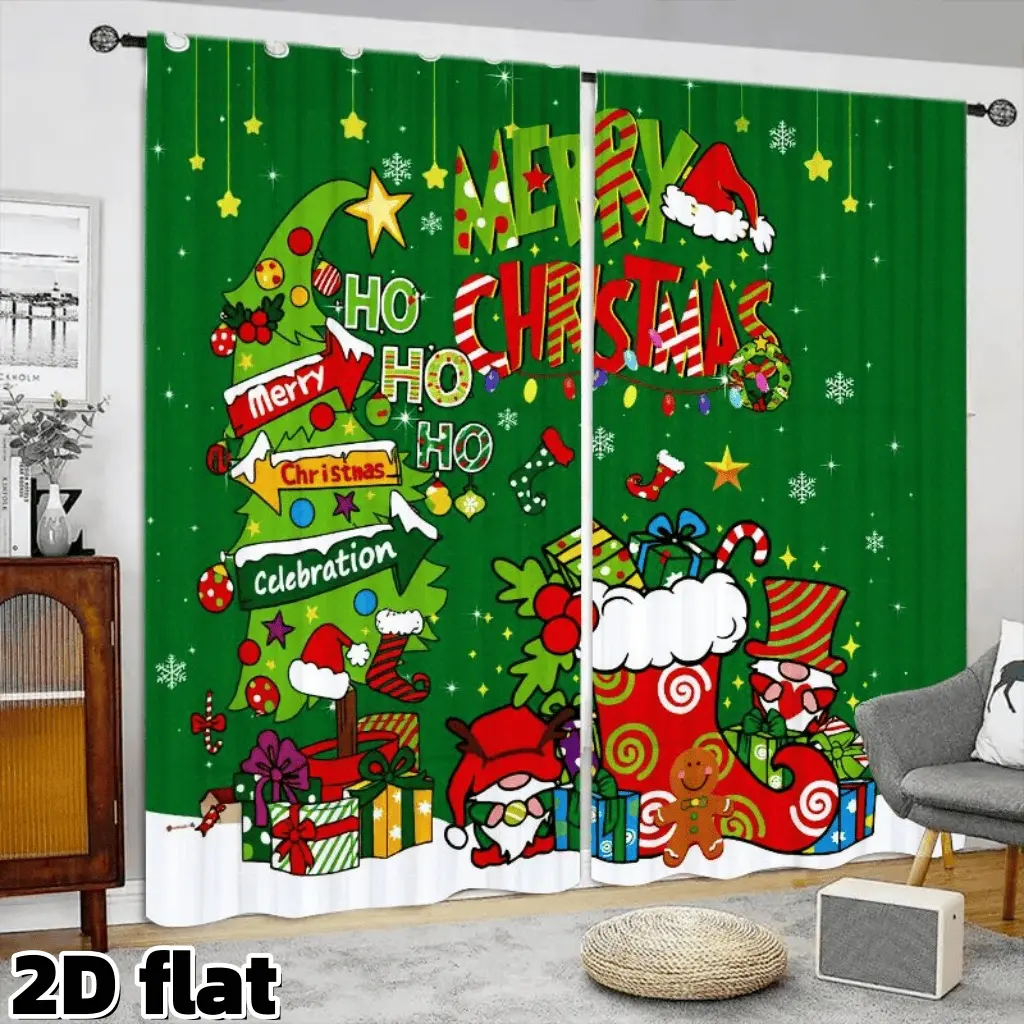 2D Flat 2Pcs Merry Christmas Cartoon Pattern Curtain, Festive Green Background with Santa Stockings Gifts Stars Design, Semi Sunshade Rod Pocket Style for Living Room Bedroom Kitchen Holiday Decoration, Premium Window Treatment, Home Decoration Curtain