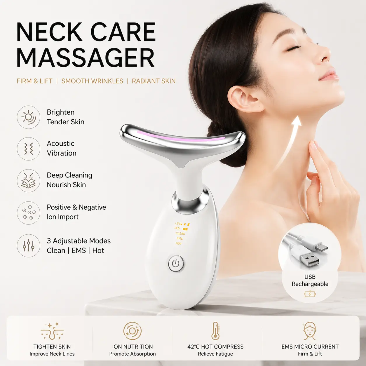 3-Color LED Neck & Face Beauty Device, EMS Microcurrent Lifting & Firming Facial Massager, Anti-Aging Device for Neck Lines & Nasolabial Folds Reduction, Photon Skin Rejuvenation & Ion Infusion Instrument neck facial leg massager beauty device Heated