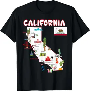 100% cotton Unisex Map of California Landmarks, major cities, flag T-shirt T-Shirt