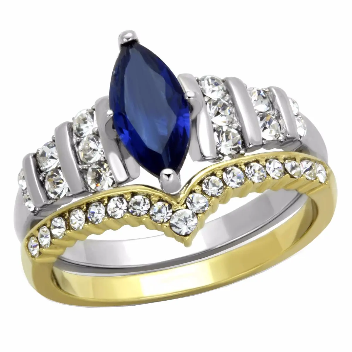 Lanyjewelry 2-Tone Stainless Steel Wedding Ring Set for Women, 0.8 Carat Marquise Cut Sapphire CZ, Hypoallergenic and Durable, Two Tone