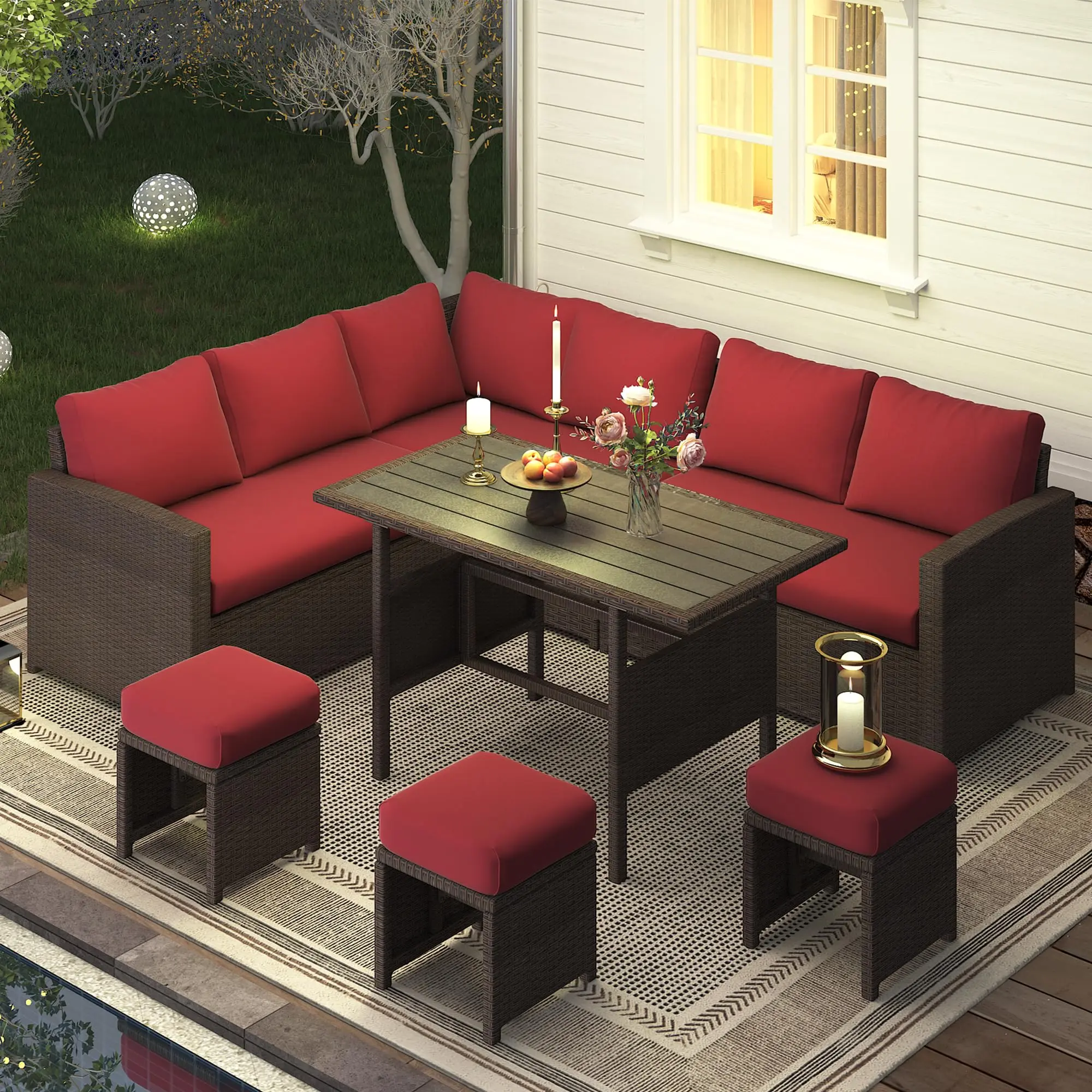【2/3/4 Packages arrived at different times】YODOLLA 7-Piece Outdoor Sectional Sofa Set - All Weather Wicker Rattan Conversation Set with Dining Table & Chairs, Perfect for Outdoor Fun