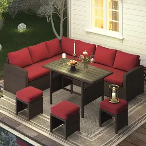 【2/3/4 Packages  arrived at different times】YODOLLA 7-Piece Outdoor Sectional Sofa Set - All Weather Wicker Rattan Conversation Set with Dining Table & Chairs, Perfect for Outdoor Fun
