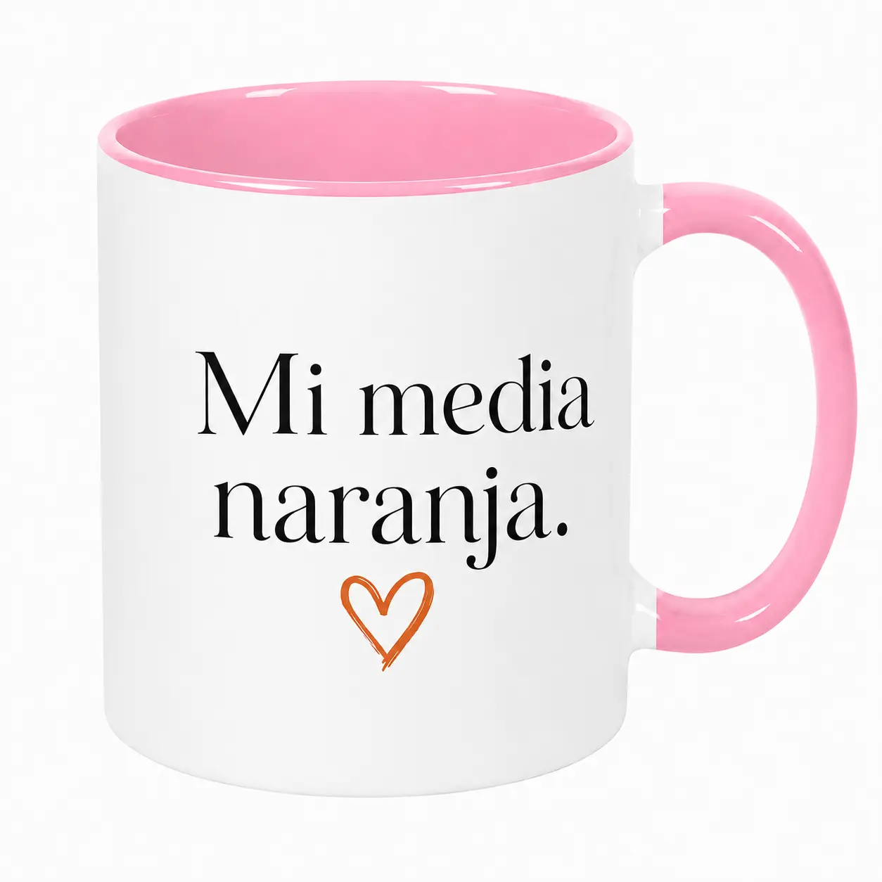 Glossy Ceramic Mi Media Naranja Printed Coffee Mug, Pink Handle & Interior, Romantic Text Design, Valentine’s Day Anniversary Gift for Partner
