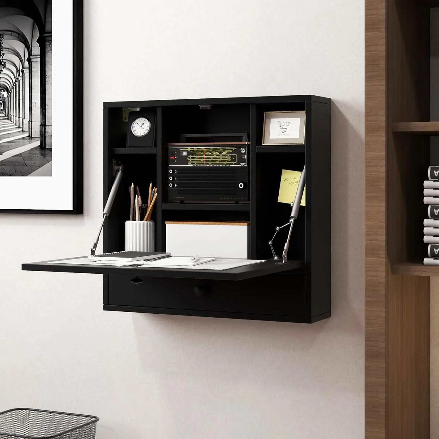 Folding Wall Desk, Wood Wall Mounted Desk with Storage Drawer and Shelves, Fold Down Wall Mount Laptop Desk, Corner Floating Desk for Small Spaces (Black)