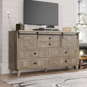 SIKAIC Oak Grey Wood Chest of 6 Drawers with Sliding Barn Door, Bedroom Storage Cabinet with Shelves, Modern Farmhouse Furniture for Wood Drawer Organization