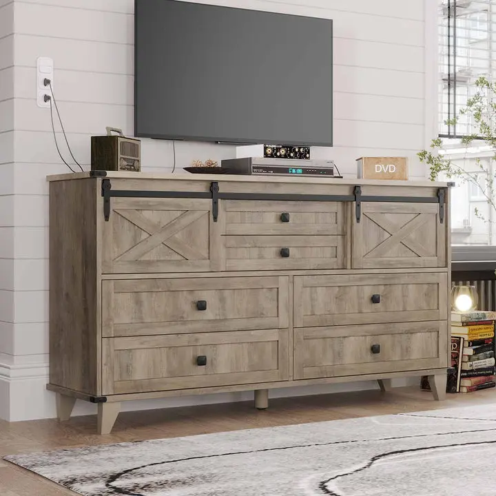 SIKAIC Oak Grey Wood Chest of 6 Drawers with Sliding Barn Door, Bedroom Storage Cabinet with Shelves, Modern Farmhouse Furniture for Wood Drawer Organization