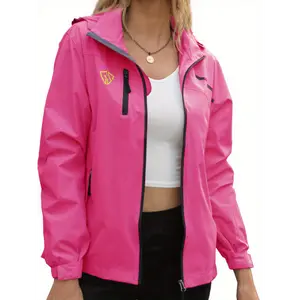 Women's Lightweight Waterproof Hooded Rain Jacket - Pink, Breathable Polyester with Mesh Lining, Adjustable Cuffs, Full-Zipper Pockets for Hiking, Travel & Outdoor Adventures, Hiking Accessories