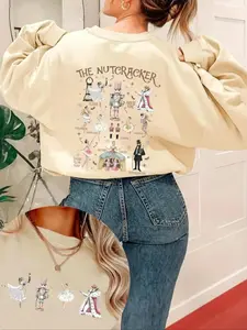 Women's Christmas Nutcracker Print Crew Neck Sweatshirt, Casual Letter Print Long Sleeve Pullover, Women's Fall & Winter Clothes for Daily Wear