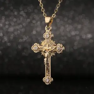 Unisex Jesus Cross Rhinestone Necklace, Gold Tone Simple Pendant Hip Hop Party Daily Jewelry