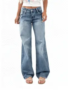 Women's American retro washed loose straight jeans versatile drapey floor length wide leg pants halar a smiley