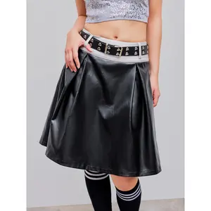 Cider [size 2-26] Faux Leather High Rise Contrasting Binding Midi Skirt