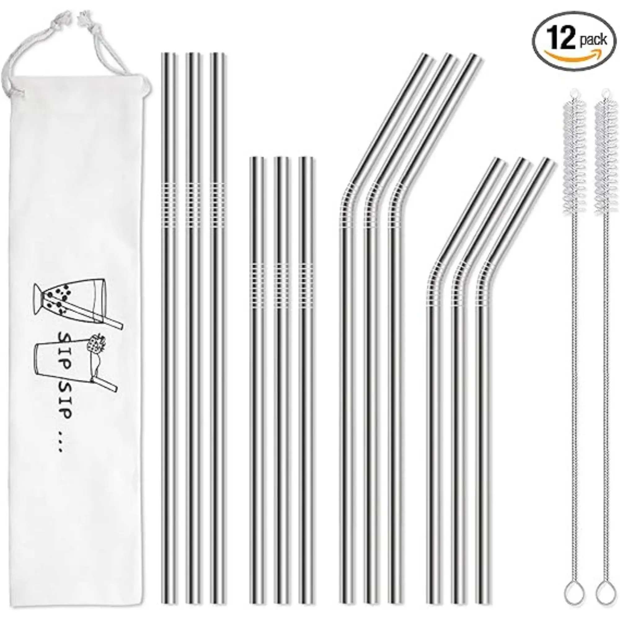 Reusable Stainless Steel Metal Straws 12-Pack - 30 oz & 20 oz Dishwasher Safe, 2 Cleaning Brushes Included, White Case Set Utensils