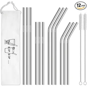 Reusable Stainless Steel Metal Straws 12-Pack - 30 oz & 20 oz Dishwasher Safe, 2 Cleaning Brushes Included, White Case Set Utensils