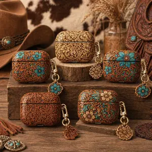 2D Printing Western Leather Tooled Cowboy Floral Longhorn No keychain Skull AirPods Case Rustic Ranch Embossed Country Earbuds Cover