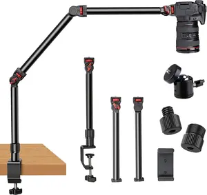 Overhead Camera Mount Desk Stand, 3-Section Flexible Detachable Articulating Arm with 1/4 3/8" 5/8" Screw&360 Ball , C-clamp Tabletop Mount for DSLR Camera/Webcam/Microphone/Lights